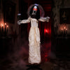 The 5.7 FT Halloween animatronic bride in worn attire emits a chilling scream, enhanced by her glowing red eyes and withered flower.
