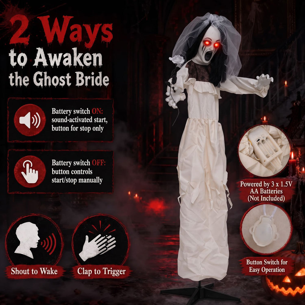 Standing 5.7 FT tall, this animatronic bride features glowing red eyes and holds a withered flower for a spooky display.