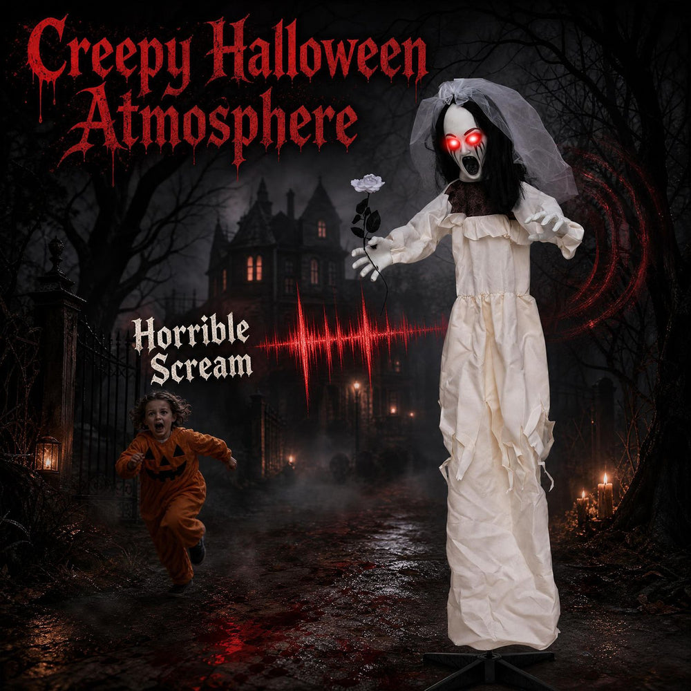 Creepy 5.7 FT Halloween animatronic bride with glowing red eyes, holding a withered flower, creates a chilling atmosphere.