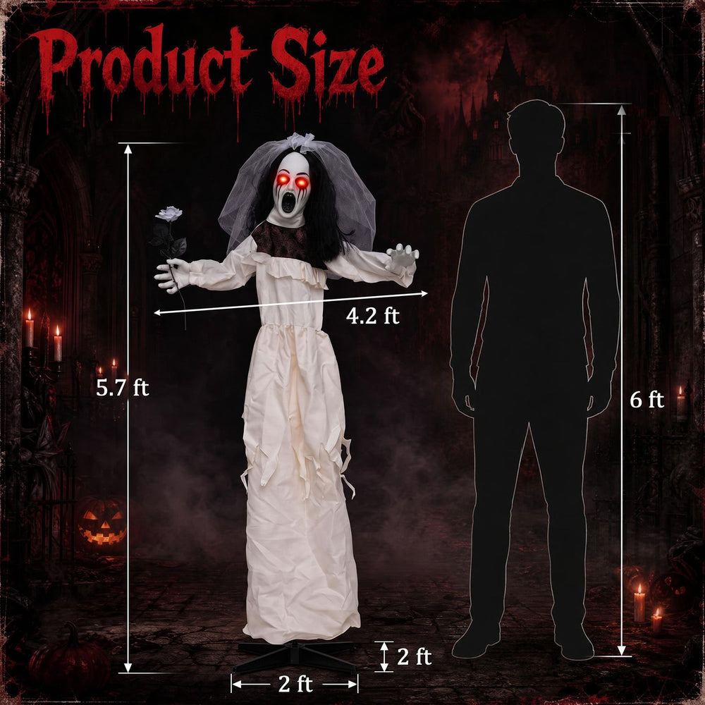 This dimension chart shows the 5.7 FT Halloween animatronic bride's height and width for perfect placement in your spooky setup.