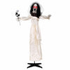 Standing 5.7 FT tall, this animatronic bride features glowing red eyes and holds a withered flower for a spooky Halloween display.