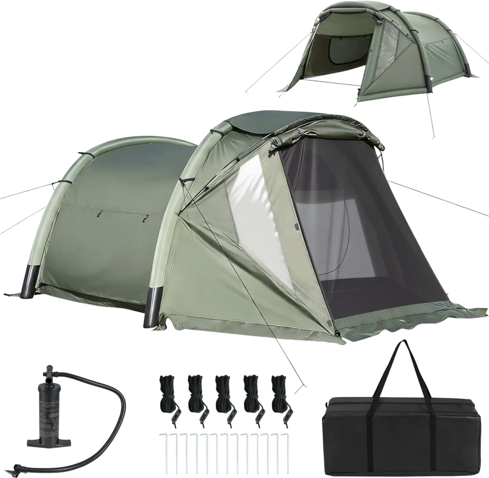 5-7 person inflatable camping tent in green with screened porch, waterproof tarp, and included hand pump for easy setup.