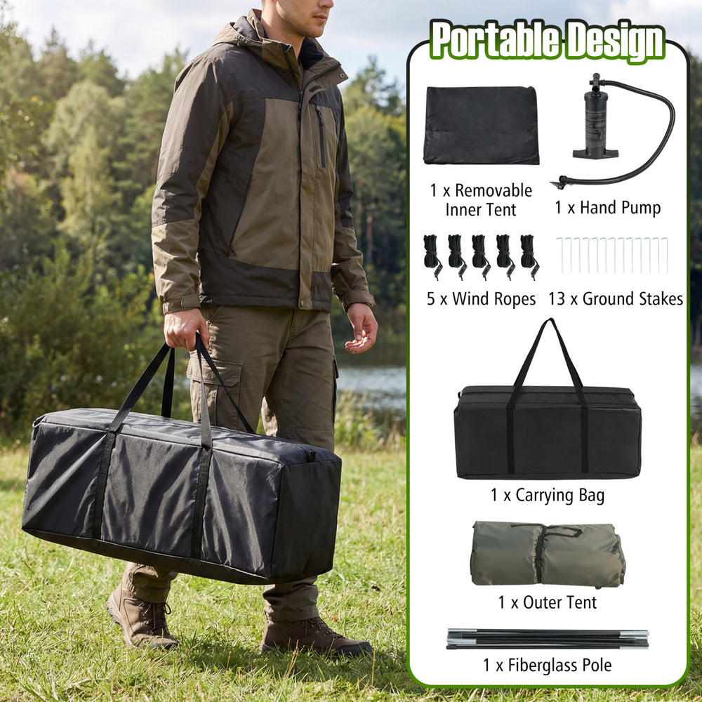 5-7 person inflatable camping tent with screened porch, portable design, includes carrying bag and hand pump for easy.