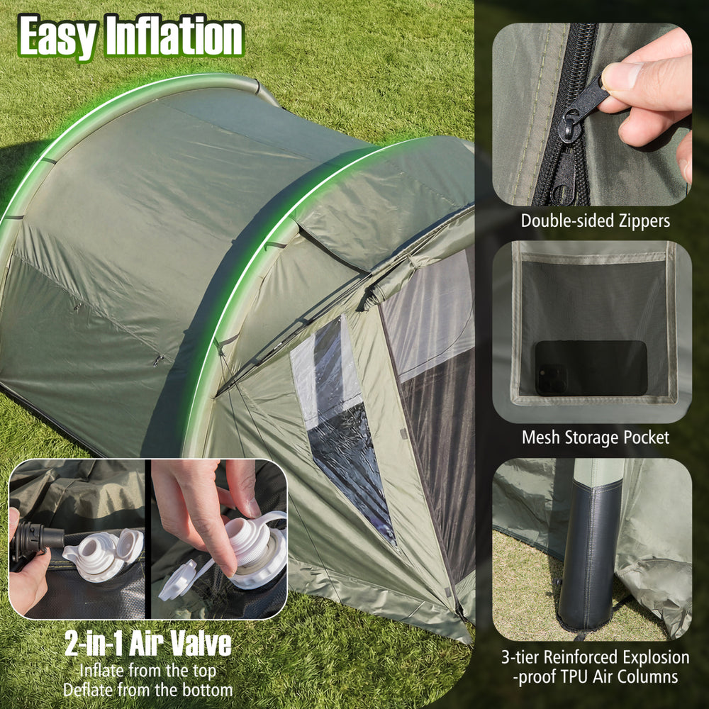 Inflatable camping tent for 5-7 people in green, featuring a screened porch, waterproof tarp, and easy inflation valve.