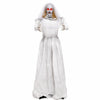 Life-size 5.7 ft animated ghost bride decoration features glowing red eyes and poseable arms for a spooky Halloween display.