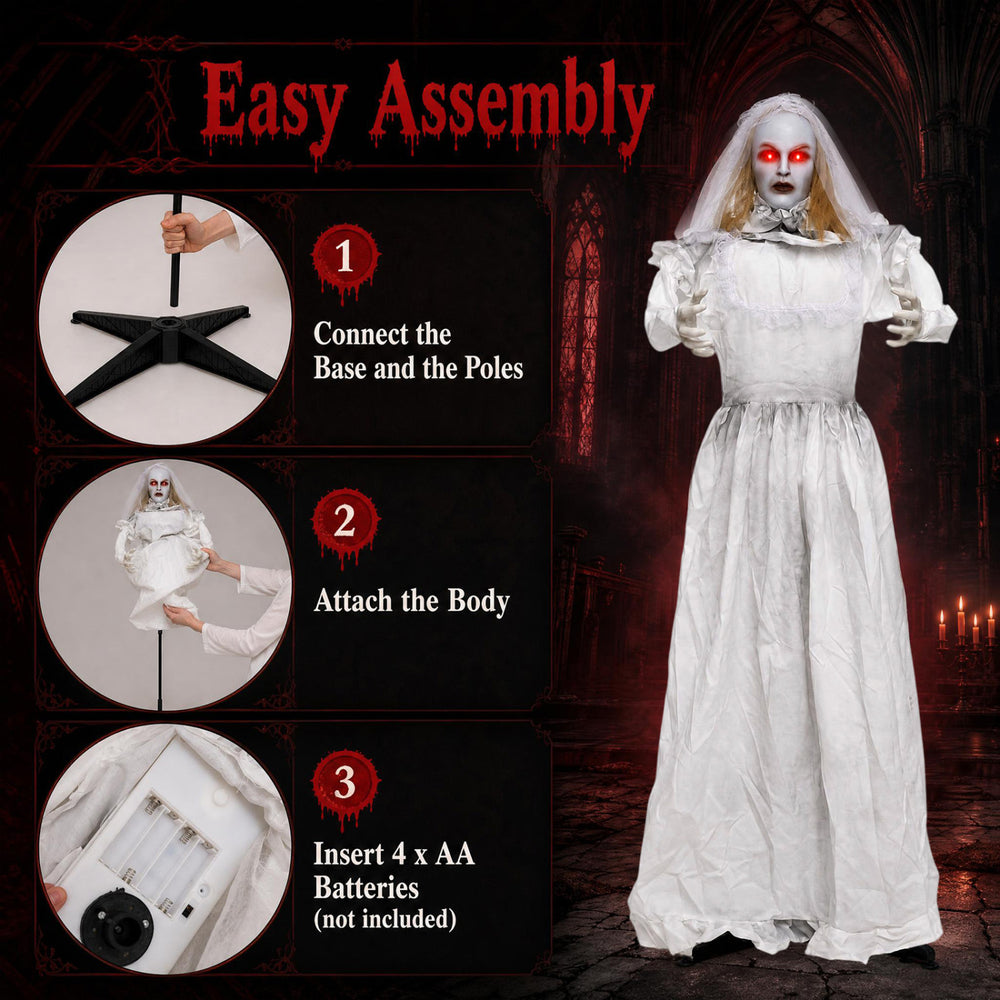 5.7 ft animated Halloween ghost bride decoration features glowing red eyes, turning head, and poseable arms for a spooky display.