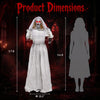 Life-size 5.7 ft animated Halloween ghost bride decoration features glowing red eyes and head-turning action for a spooky display.