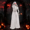 Life-size 5.7 ft animated ghost bride decoration with glowing red eyes and head-turning action for a spooky Halloween display.