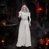 The 5.7 ft animated ghost bride decoration showcases a haunting pose, glowing red eyes, and turning head for chilling effects.