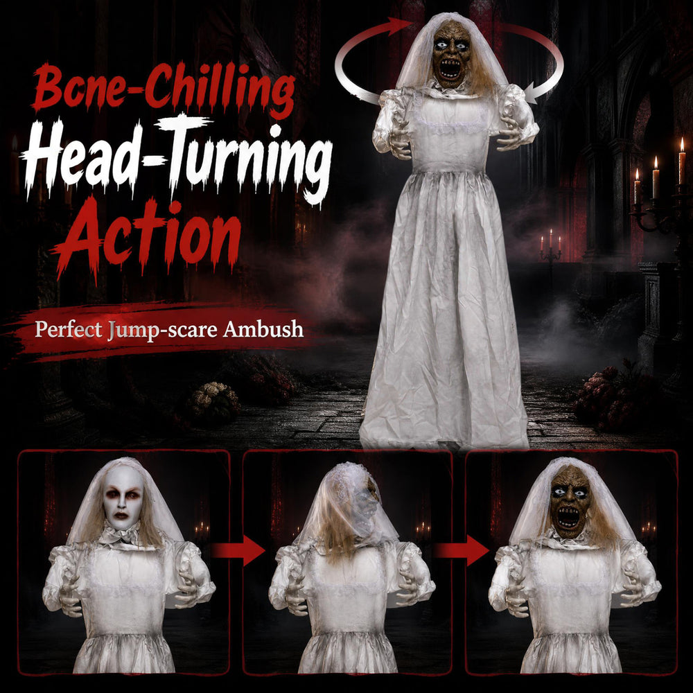 Life-size 5.7 ft animated Halloween ghost bride decoration features bone-chilling head-turning action for a spooky surprise.