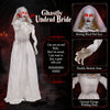 Life-size 5.7 ft animated ghost bride decoration features glowing red eyes and poseable arms for a spooky Halloween display.