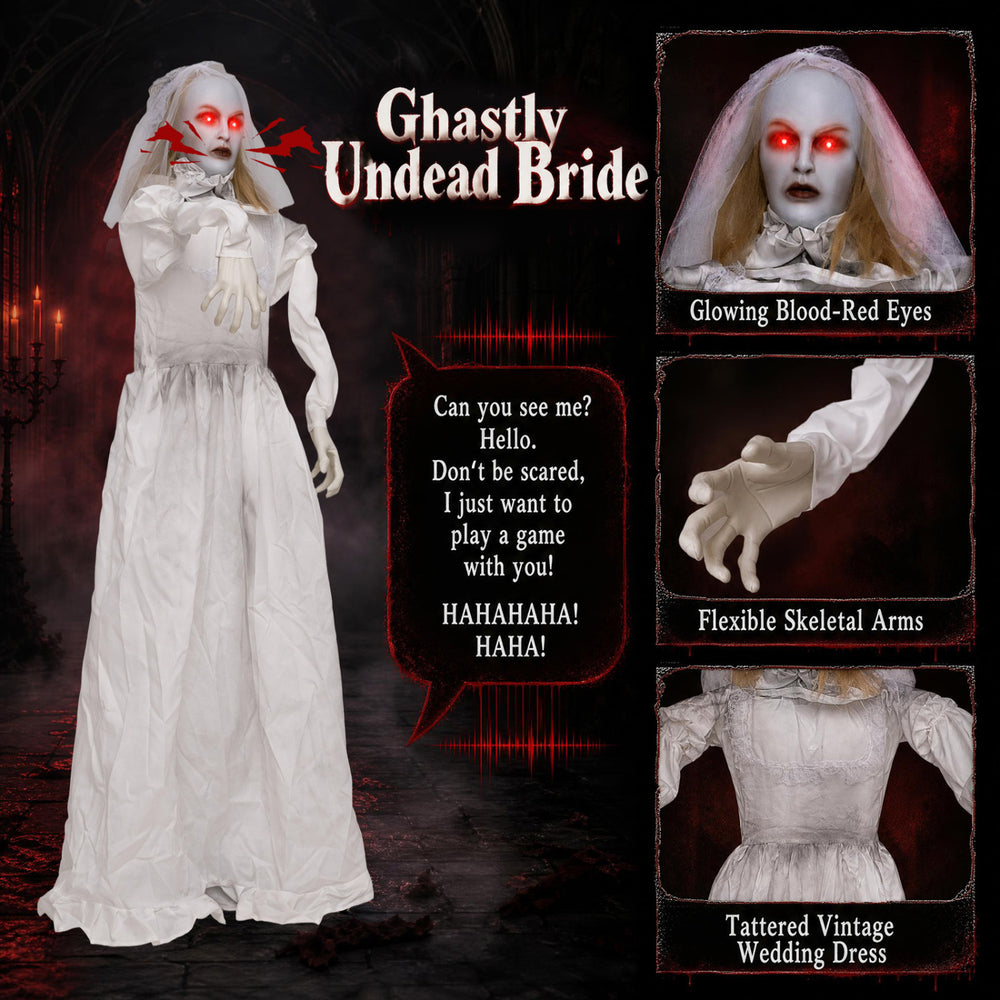 Life-size 5.7 ft animated ghost bride decoration features glowing red eyes and poseable arms for a spooky Halloween display.