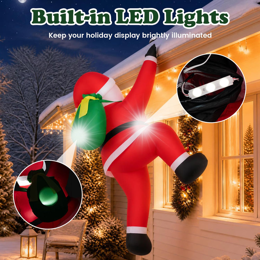 Climbing Santa inflatable decoration features built-in LED lights and weather-resistant fabric for festive outdoor displays.