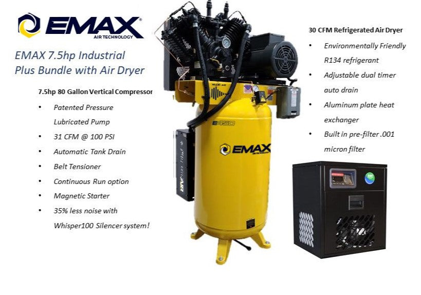EMAX ESP07V080V1PK Industrial 80 Gal. 7.5 HP 30 CFM Air Dryer 1-Phase 2 Stage V4 Pressure Lubricated Pump Silent Air Compressor New