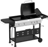 5-burner propane gas grill and griddle combo in black with side burner, ideal for family meals and outdoor cooking.