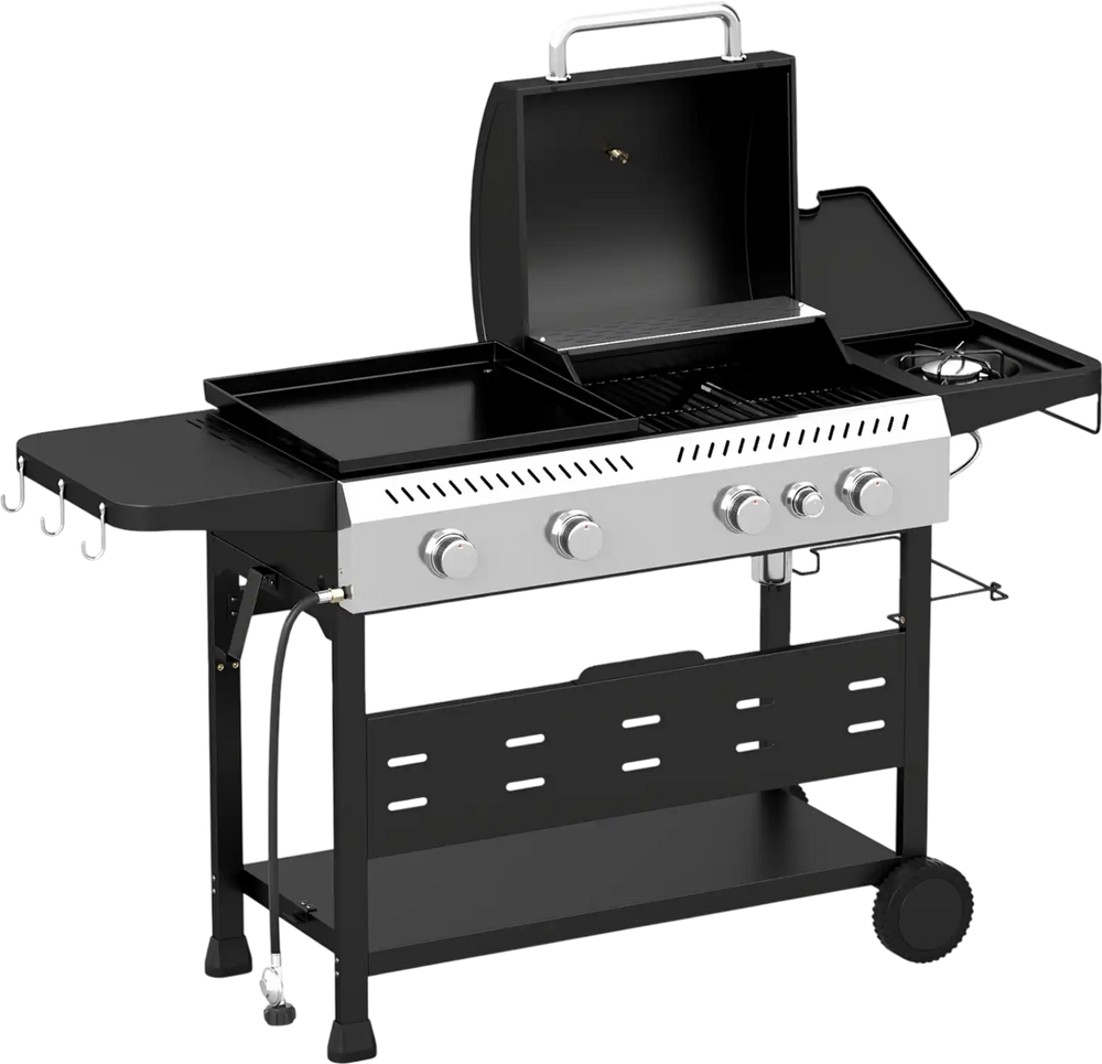 5-burner propane gas grill and griddle combo in black with side burner, ideal for family meals and outdoor cooking.
