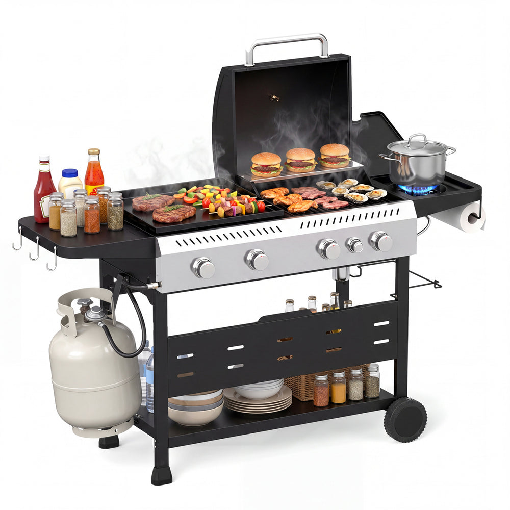 5-burner propane gas grill and griddle combo with side burner, featuring a large cooking space for family meals and parties.