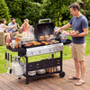 5-burner propane gas grill and griddle combo with side burner, perfect for outdoor cooking and family meals.