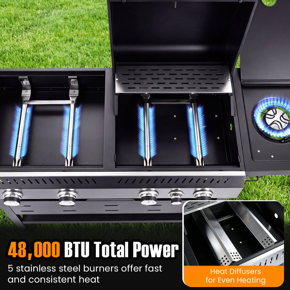 5-burner propane gas grill and griddle combo with side burner, featuring 48,000 BTU power for versatile outdoor cooking.