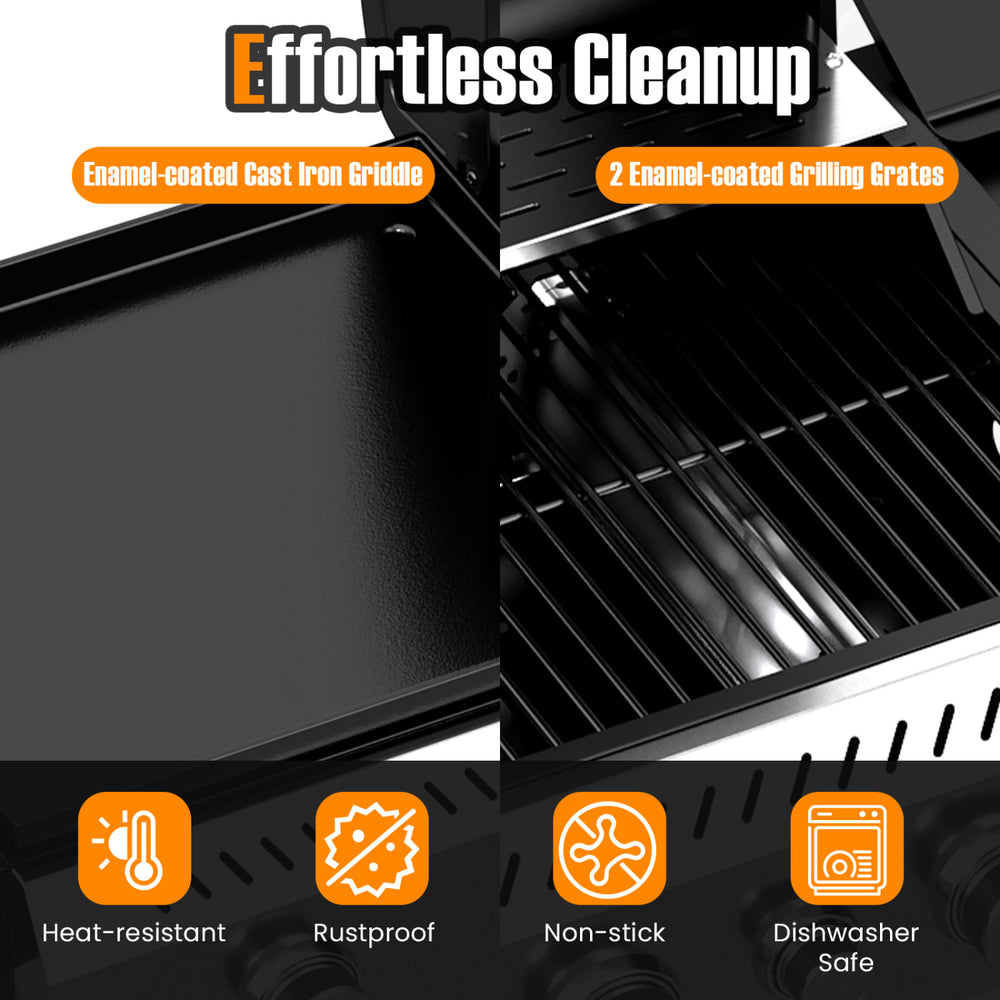 Enamel-coated cast iron griddle and grilling grates ensure effortless cleanup for the 5-burner propane gas grill combo.