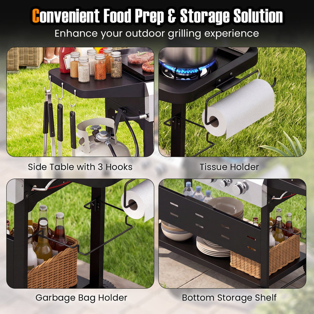 Side table with hooks, tissue holder, and garbage bag holder for the 5-burner propane gas grill and griddle combo.