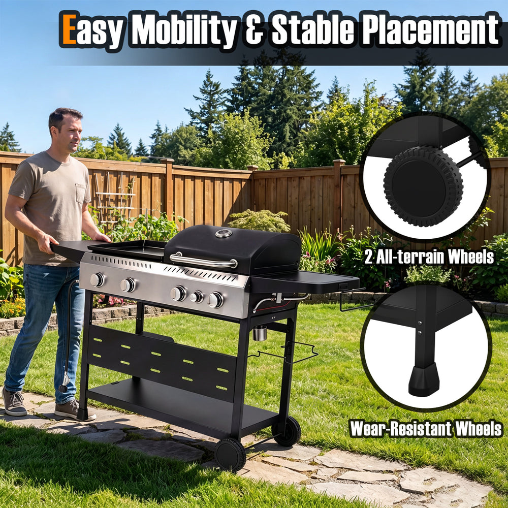 5-burner propane gas grill and griddle combo with side burner, featuring all-terrain wheels for easy mobility and stable placement.