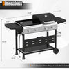 5-burner propane gas grill and griddle combo in black with side burner, designed for versatile outdoor cooking.