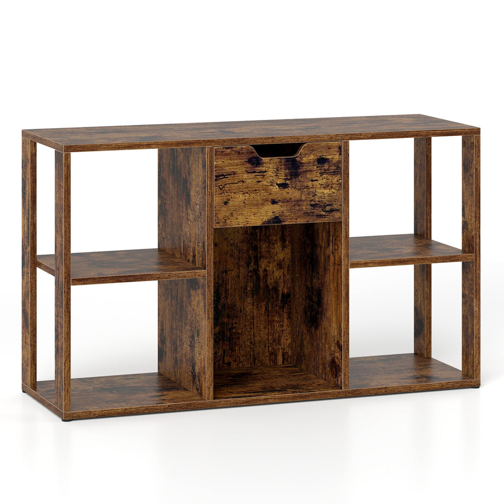 5-cube bookcase in rustic brown features 4 open cubes and a storage drawer for stylish organization and display.
