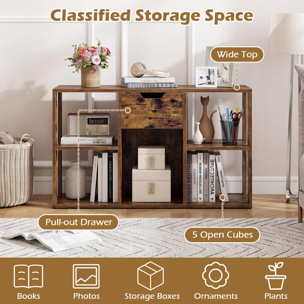 5-cube bookcase in rustic brown featuring a pull-out drawer and open cubes for versatile storage and display.