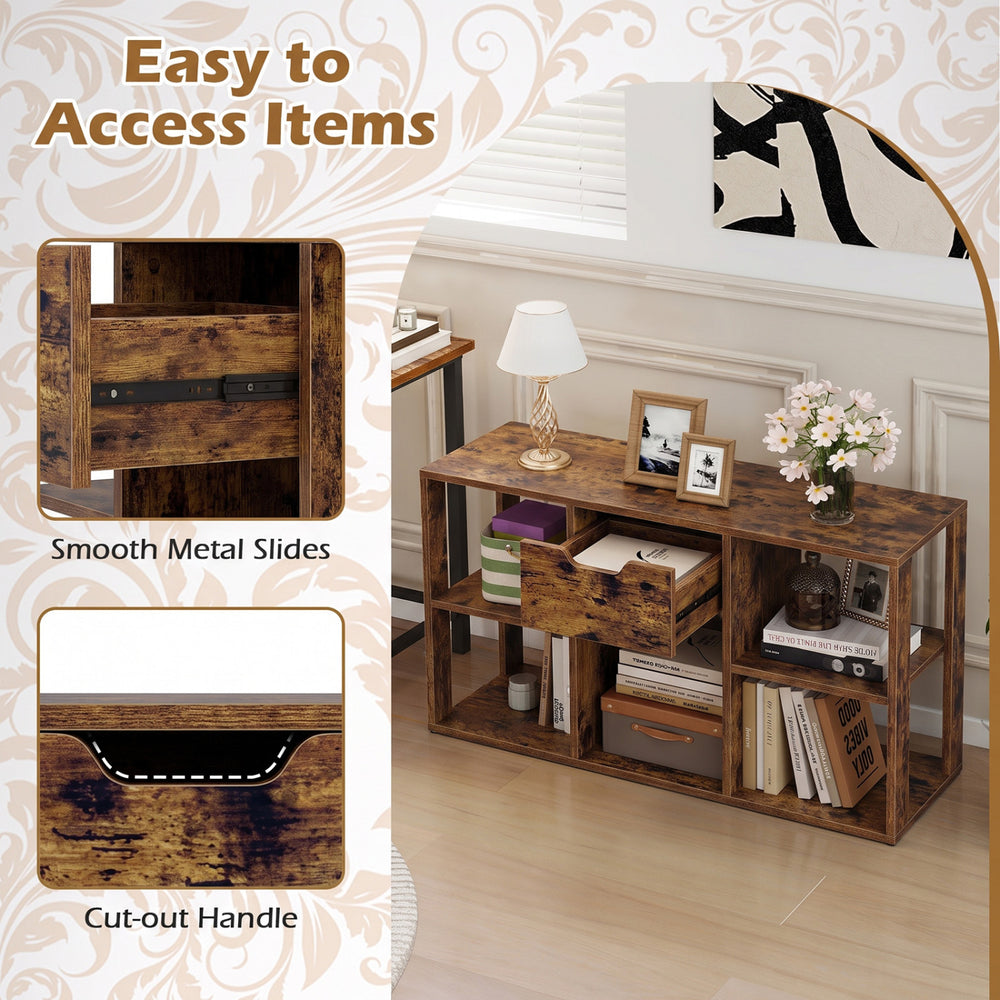 5-cube bookcase in rustic brown featuring a storage drawer, open cubes, and sturdy construction for versatile display.