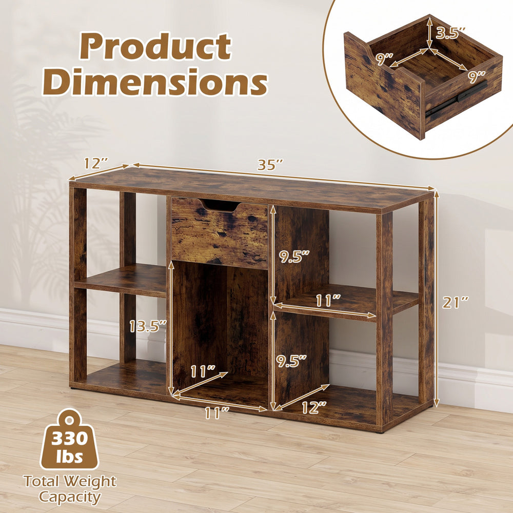 5-Cube bookcase in rustic brown features a storage drawer and open cubes, perfect for organizing books and decor.