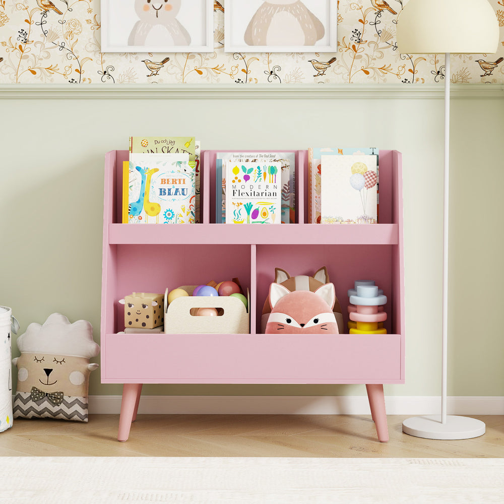 Pink 5-cube kids bookshelf and toy organizer with anti-tipping kits, ideal for storing books and toys in a playful.