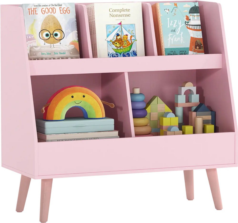 Pink 5-cube kids bookshelf and toy organizer with anti-tipping kits, perfect for storing books and toys.