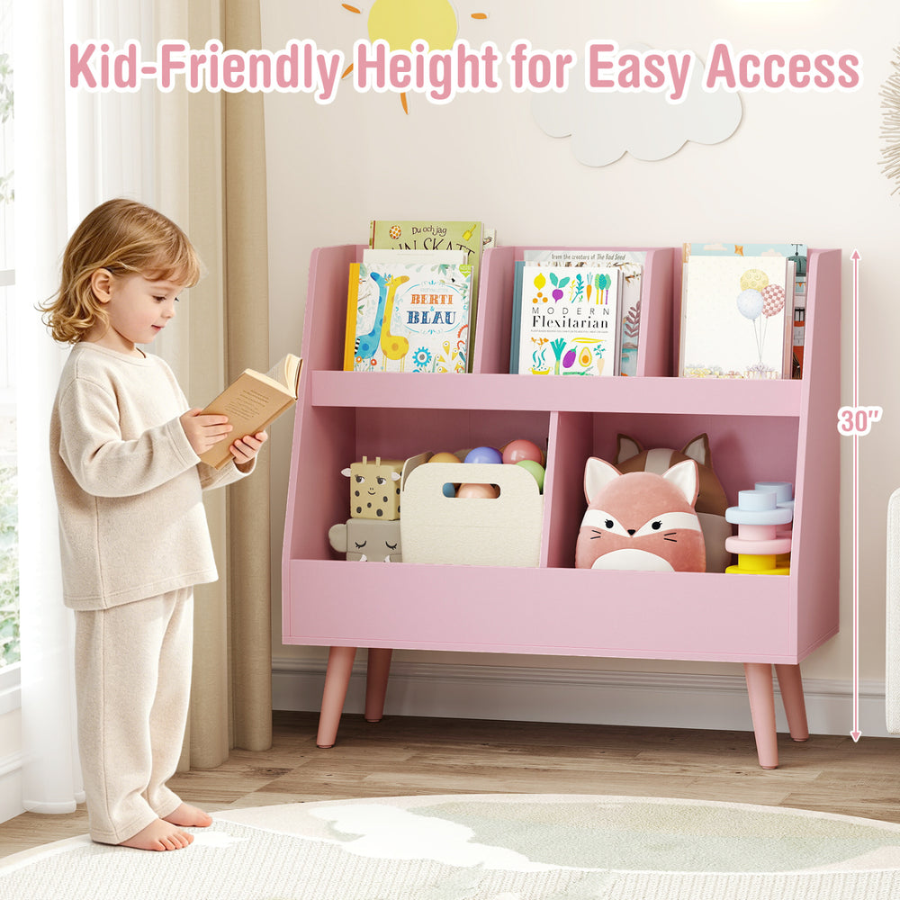 5-cube kids bookshelf and toy organizer in pink, featuring a kid-friendly height for easy access to books and toys.
