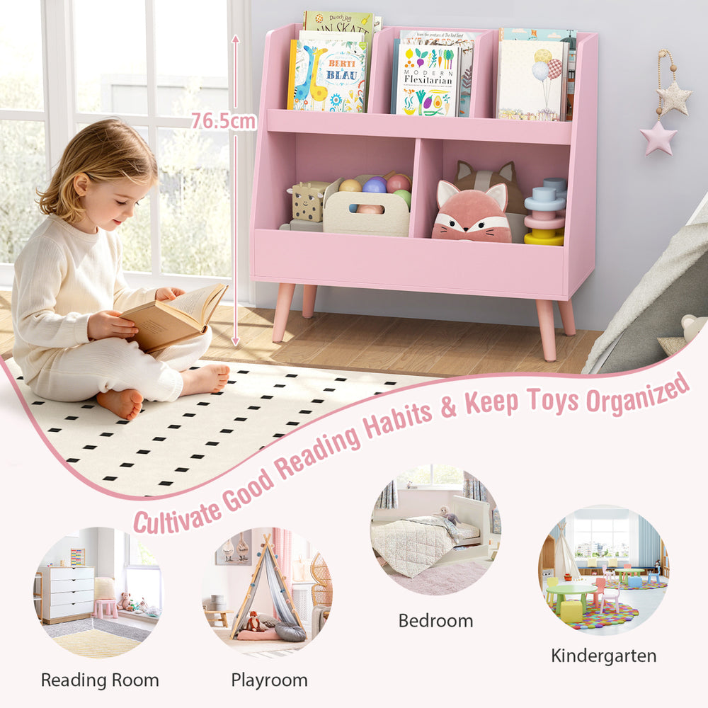 5-cube kids bookshelf and toy organizer in pink, designed for reading rooms and playrooms, featuring anti-tipping kits.