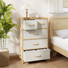 5-drawer dresser in natural bamboo with fabric drawers, perfect for bedroom storage and organization.