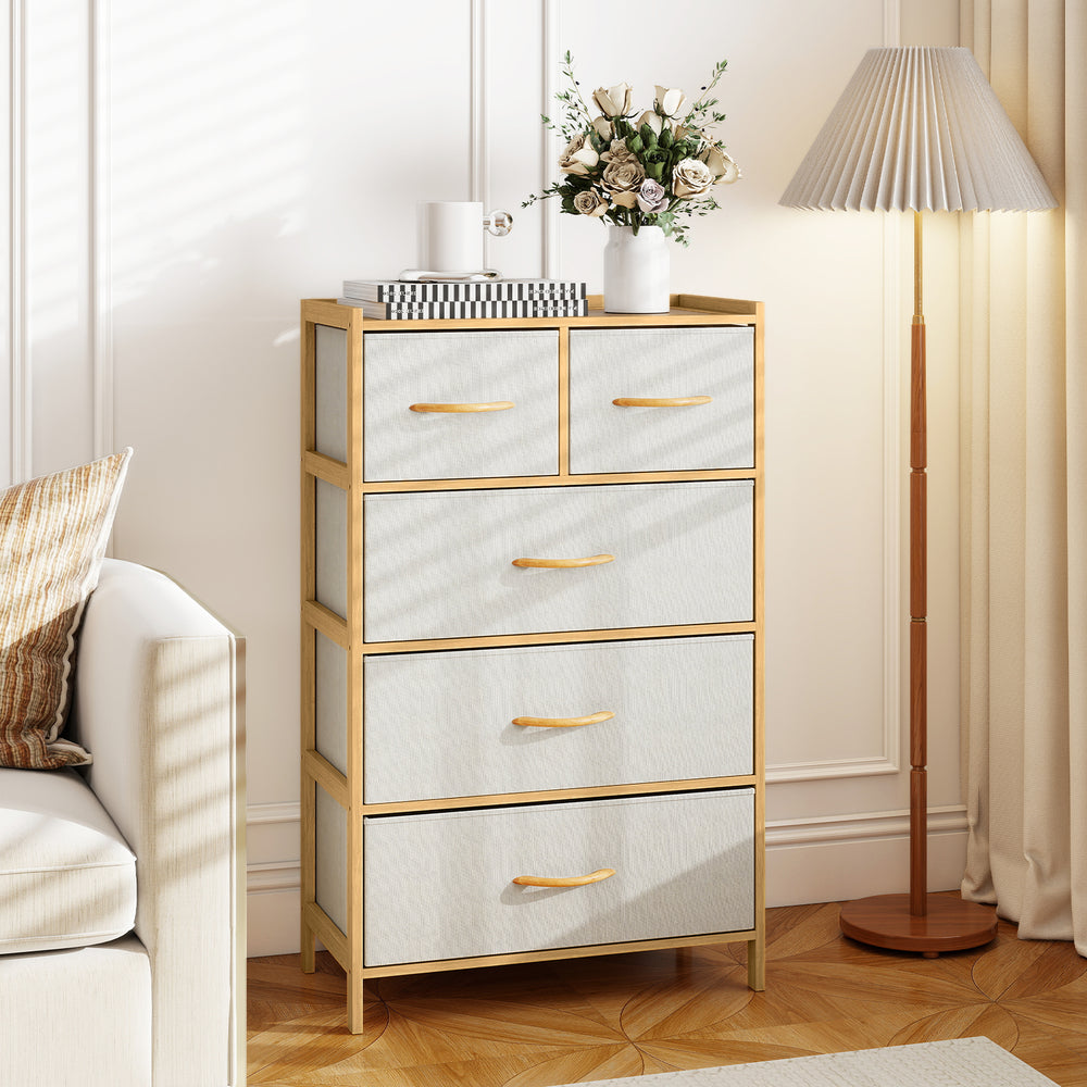 5-drawer dresser in natural bamboo with top shelf, featuring fabric drawers and solid beech handles for bedroom storage.