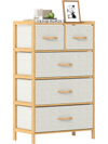 5-drawer dresser in natural bamboo with fabric drawers, featuring a top shelf for added storage in the bedroom.