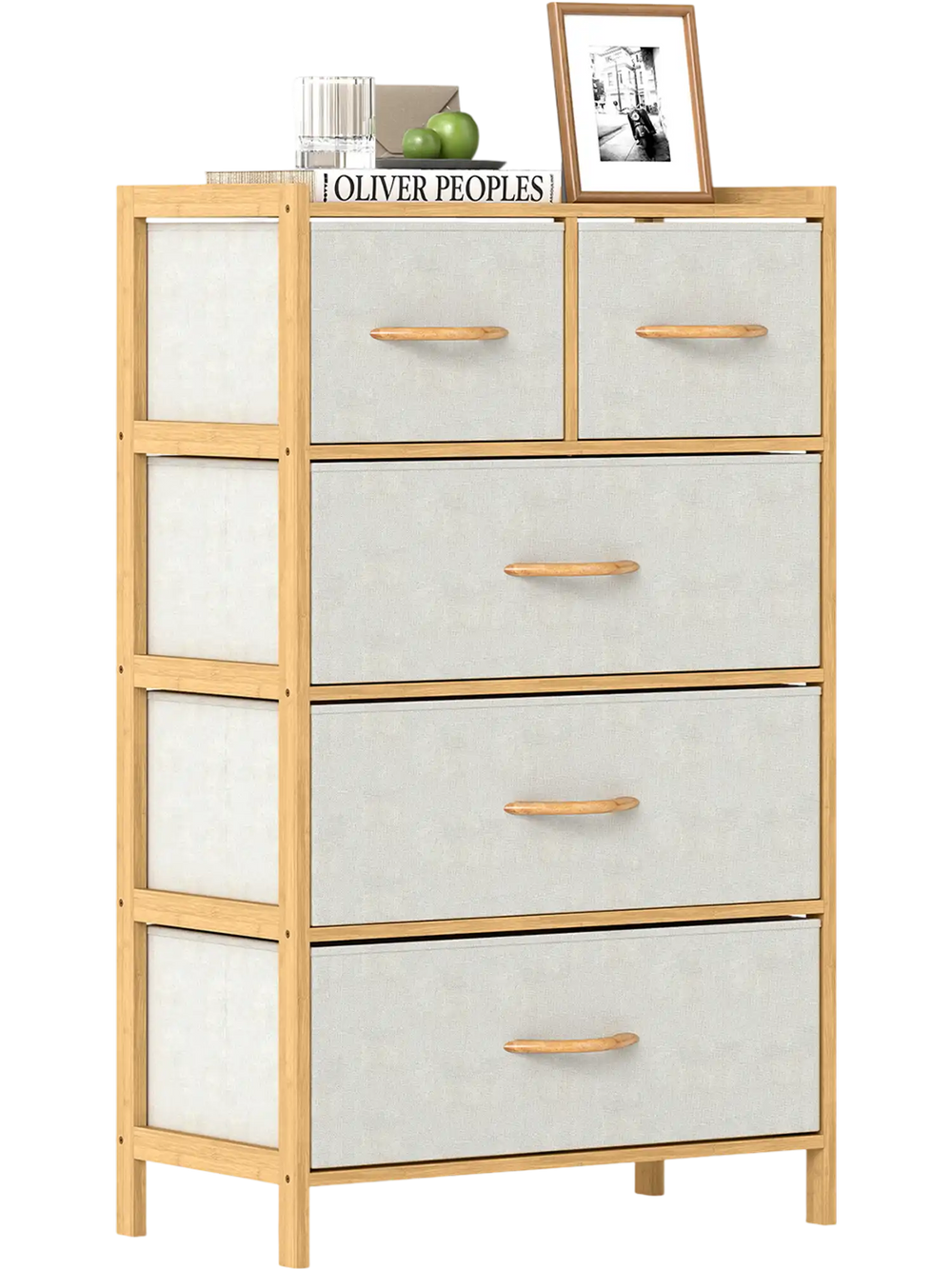 5-drawer dresser in natural bamboo with fabric drawers, featuring a top shelf for added storage in the bedroom.