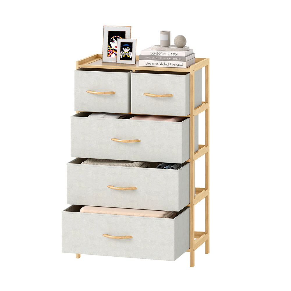 5-drawer dresser in natural bamboo with top shelf, featuring fabric drawers for organized bedroom storage.
