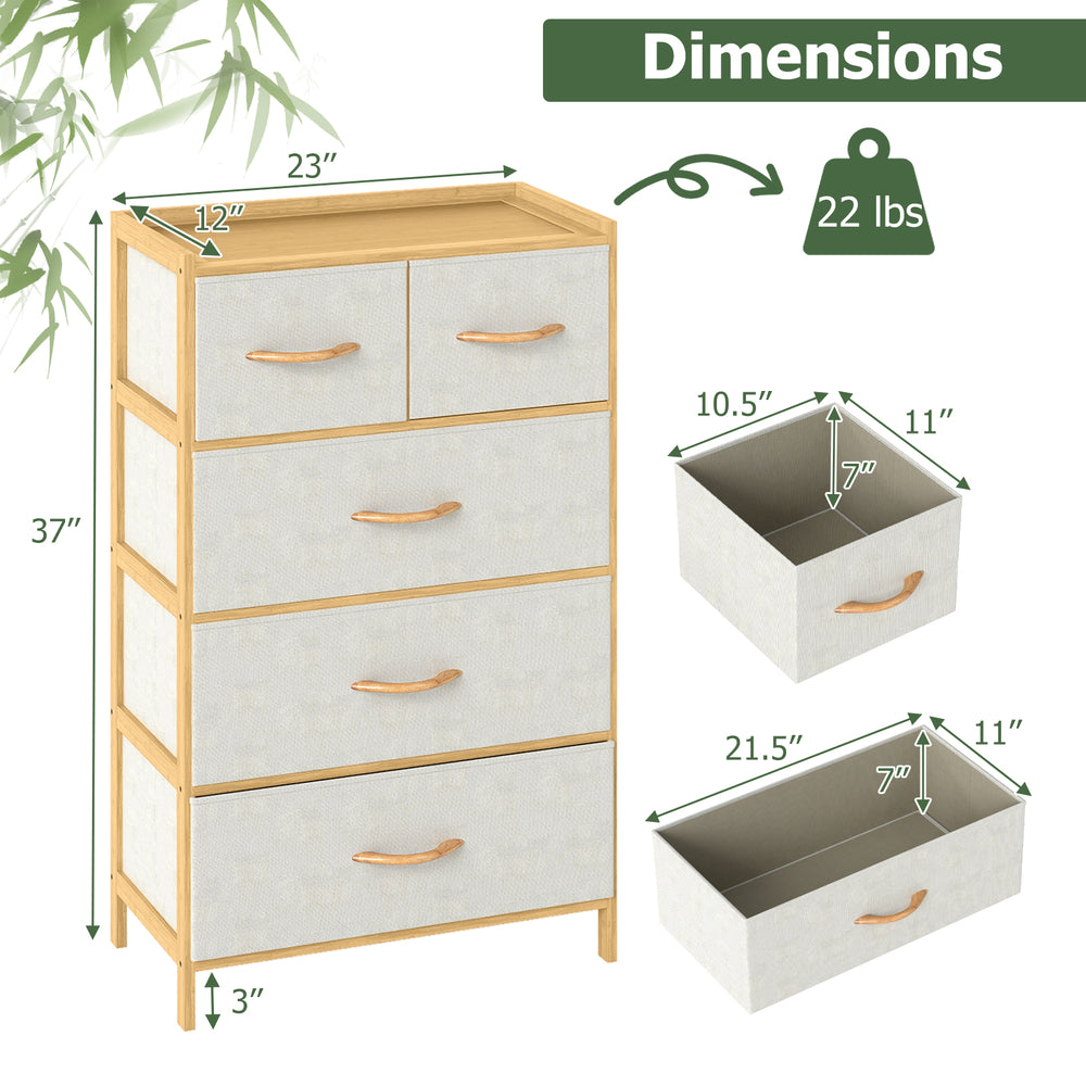 5-drawer dresser with natural bamboo frame, featuring fabric drawers and a top shelf for organized bedroom storage.