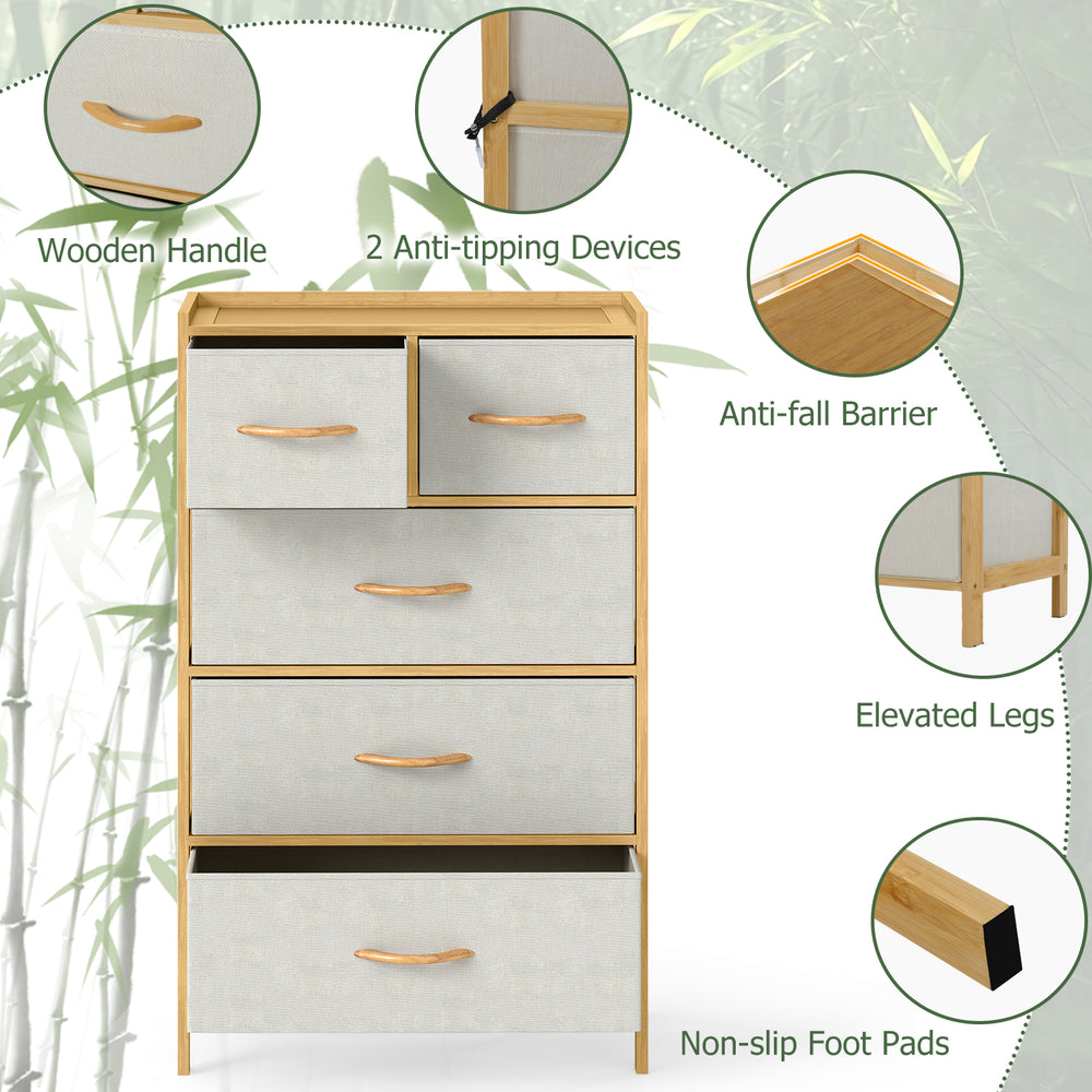5-drawer dresser in natural bamboo with solid beech handles, featuring anti-tipping devices and non-slip foot pads.