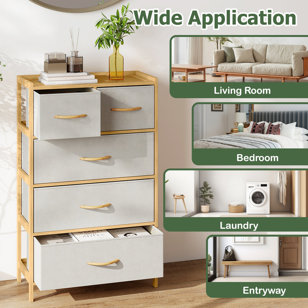 5-drawer dresser in natural bamboo with fabric drawers, ideal for bedroom storage and organization.