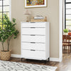 5-drawer dresser in white with interlock system, smooth metal slides, and rustic wood grain finish for bedroom storage.
