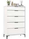 5-drawer dresser in white with wood grain finish, featuring interlock system and removable metal legs for bedroom.