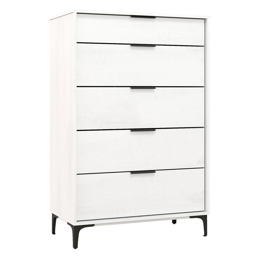 5-drawer dresser in white with a rustic wood grain finish, featuring an interlock system and removable metal legs for.