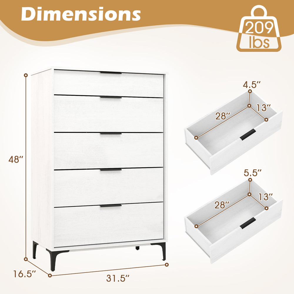 5-drawer dresser in white with interlock system, smooth metal slides, and removable legs for bedroom or living room.