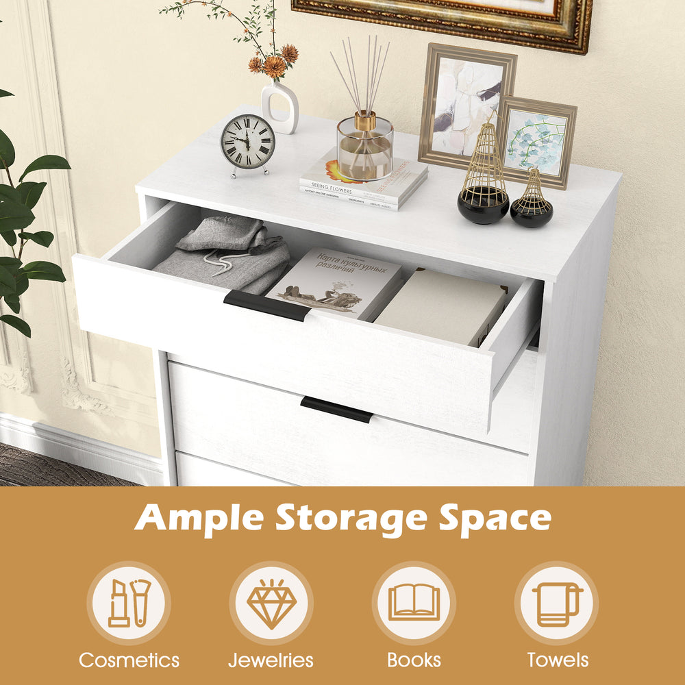 5-drawer dresser in white with interlock system, showcasing ample storage for accessories and books in a stylish design.