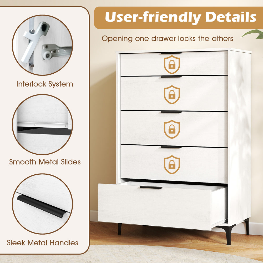 5-drawer dresser in white with interlock system, smooth metal slides, and sleek handles for bedroom or living room.