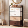 5-drawer multicolor fabric dresser with removable bins, strong metal frame, ideal for living room or bedroom.